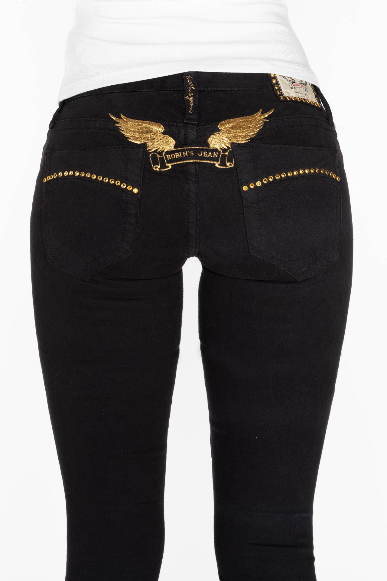 MARILYN LOW RISE WOMENS STUDDED SKINNY JEANS IN BLACK WITH GOLD WINGS AND GOLD CRYSTALS