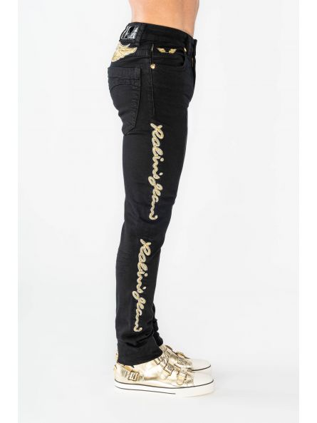 SKINNY MENS JEANS IN PURE BLACK WITH GOLD EMBROIDERY