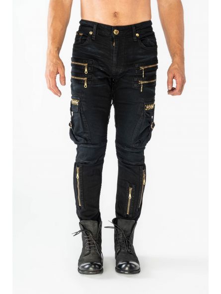 MEN'S MILITARY STYLE CARGO JEANS IN F_D UP BLACK WITH CRYSTALS