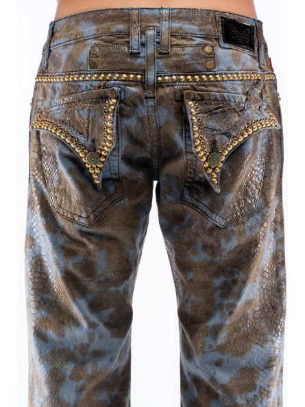MENS LONG FLAP STRAIGHT LEG JEANS IN MIAMI BROWN WITH STUDS AND CRYSTALS