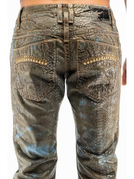 MENS CLASSIC 5 POCKET STRAIGHT LEG JEANS IN MIAMI BROWN BROKEN WITH STUDS AND CRYSTALS