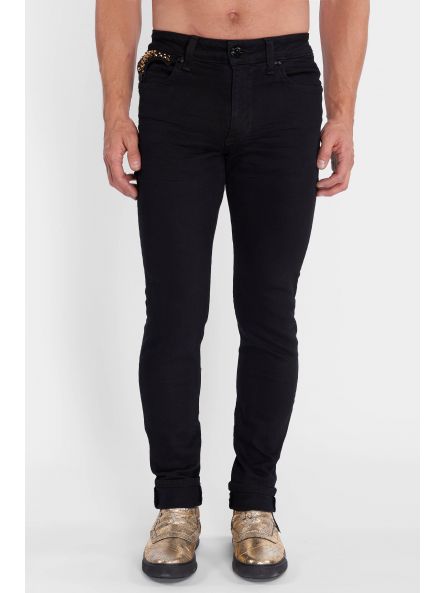 KILLER FLAP MENS SKINNY JEANS IN BLACK WITH GOLD WINGS AND FULL POCKET GOLD CRYSTALS