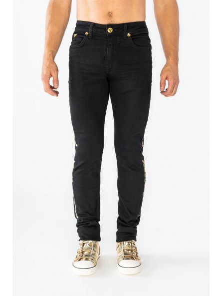 SKINNY MENS JEANS IN PURE BLACK WITH GOLD EMBROIDERY