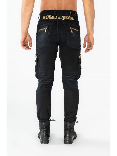 MEN'S MILITARY STYLE CARGO JEANS IN F_D UP BLACK WITH CRYSTALS